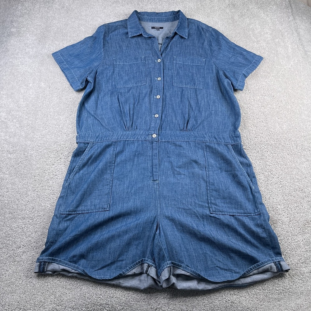 NYDJ Romper Womens XL Blue Denim‎ Short Sleeve Button Up Cuffed Pockets